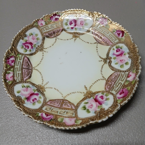 Nippon Vintage 7.5" Plate Gold Scalloped Edge Pink Roses Berry Bowl Underplate? - Picture 1 of 16